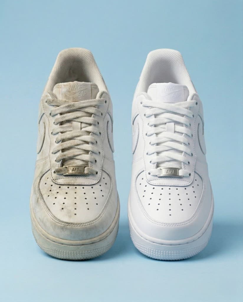 Before and after: heavily worn white sneakers restored to a bright, clean finish